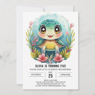 Bohemian Elegant Turtle Girl Birthday Invitation