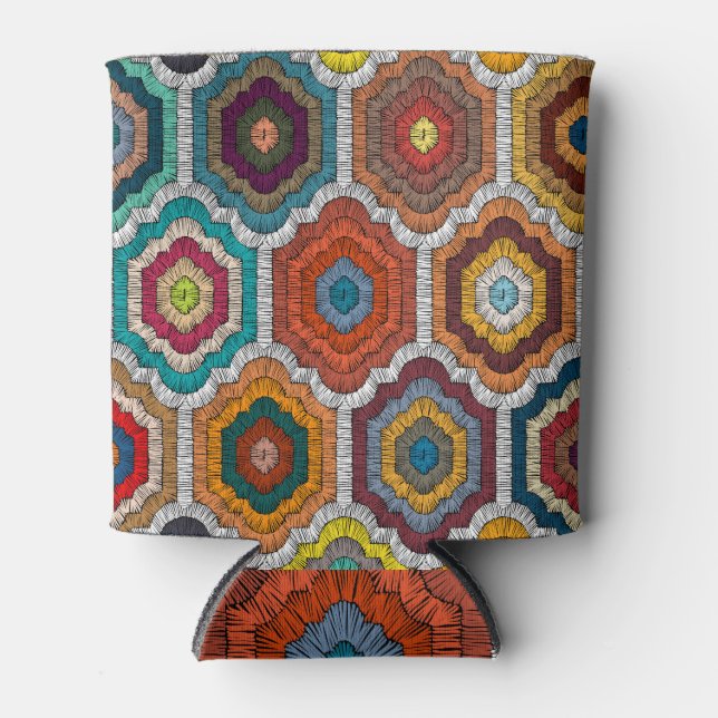 Bohemian Embroidery: Geometric Patchwork Can Cooler (Front)
