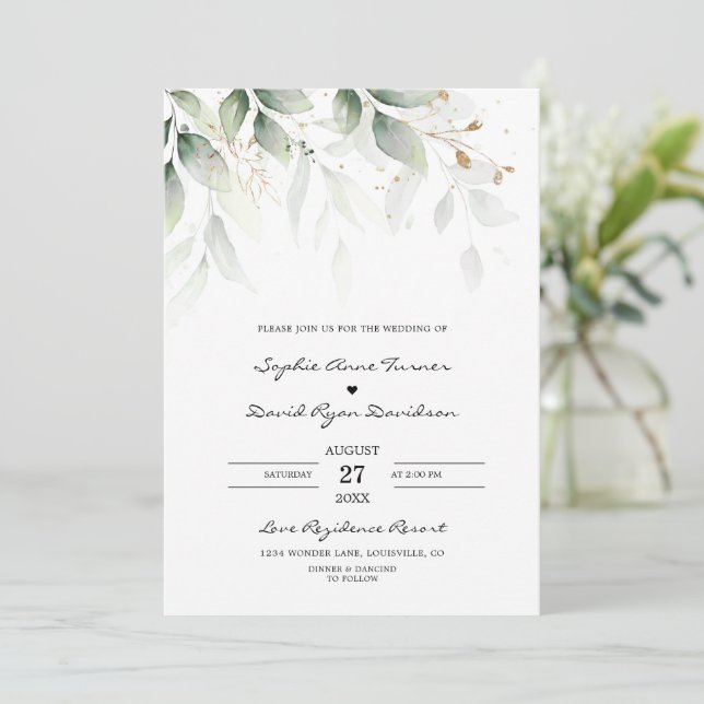 Bohemian Eucalyptus Greenery Gold Wedding  Invitation (Standing Front)