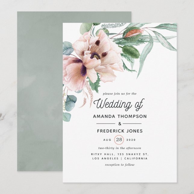 Bohemian Eucalyptus Pink Poppy Wedding Invitation (Front/Back)