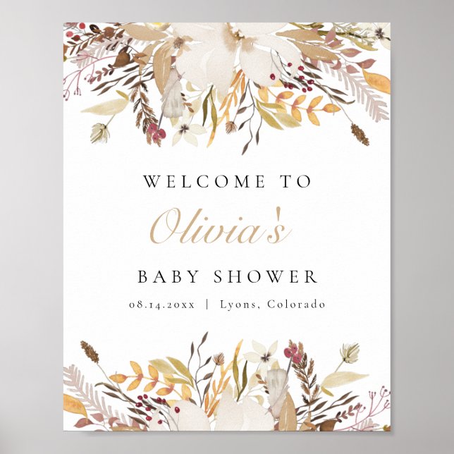 Bohemian Fall Beige Floral Baby Shower Welcome Poster (Front)