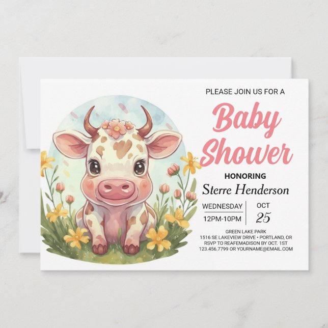 Bohemian Farm Cute Cow Baby Shower Invitation (Front)