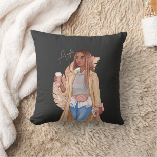 Bohemian Faux Glitter Girl Tan Hair Brown Pink Throw Pillow
