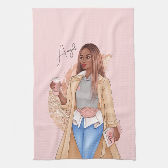 Bohemian Faux Glitter Girl Tan Hair Pink  Kitchen Towel (Vertical)