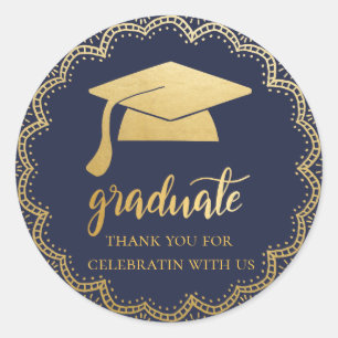 Bohemian Faux Gold Foil Graduate Hat   Blue Classic Round Sticker
