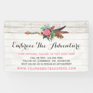 Bohemian Feather Arrow & Rose on Rustic White Wood Banner