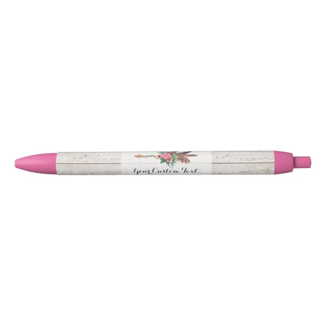 Bohemian Feather Arrow & Rose on Rustic White Wood Black Ink Pen (Front)
