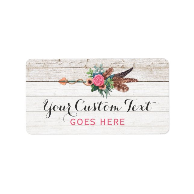 Bohemian Feather Arrow & Rose on Rustic White Wood Label (Front)