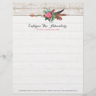 Bohemian Feather Arrow & Rose on Rustic White Wood Letterhead