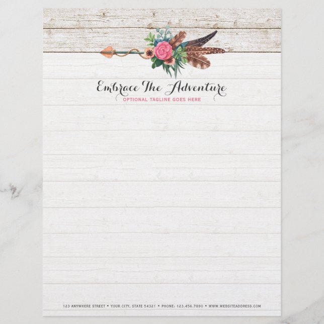 Bohemian Feather Arrow & Rose on Rustic White Wood Letterhead (Front)