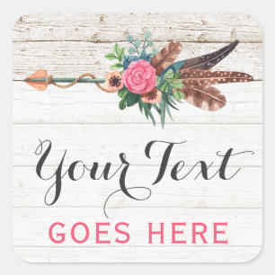 Bohemian Feather Arrow & Rose on Rustic White Wood Square Sticker