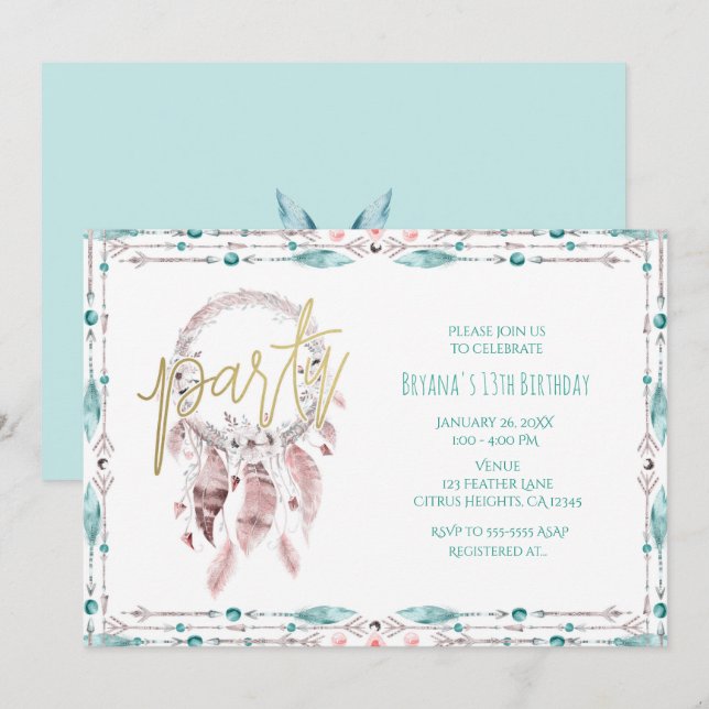 Bohemian Feather Dream Catcher Teal Birthday Party Invitation (Front/Back)