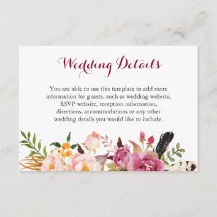 Bohemian Feather Floral Boho Wedding Details Info Enclosure Card