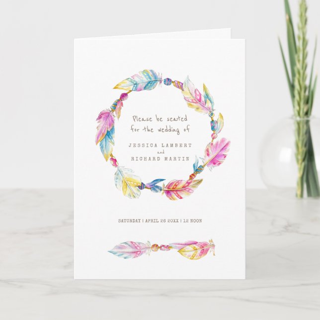 Bohemian feathers beads colourful wedding program (Front)