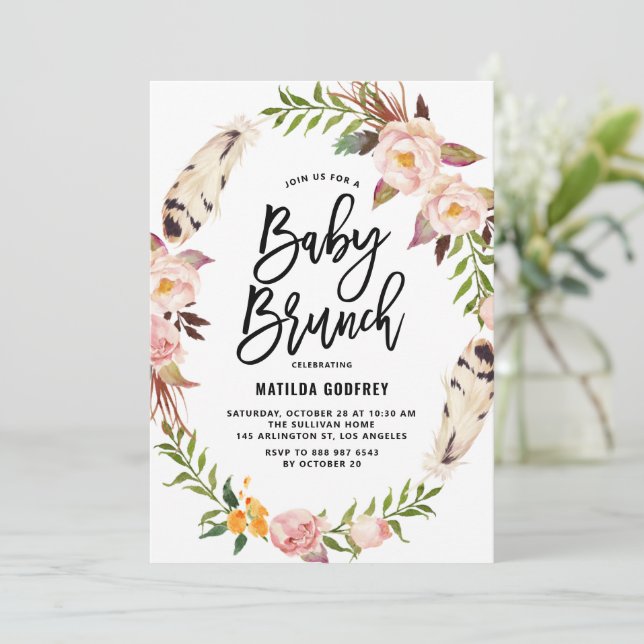 Bohemian Feathers Floral Wreath Baby Shower Brunch Invitation (Standing Front)