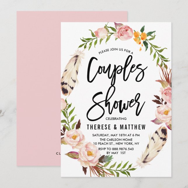 Bohemian Feathers & Floral Wreath Couples Shower Invitation (Front/Back)