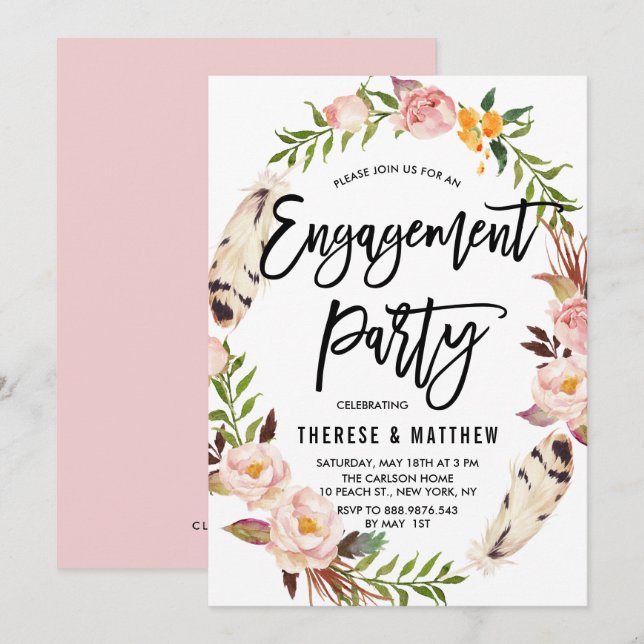 Bohemian Feathers & Floral Wreath Engagement Party Invitation (Front/Back)