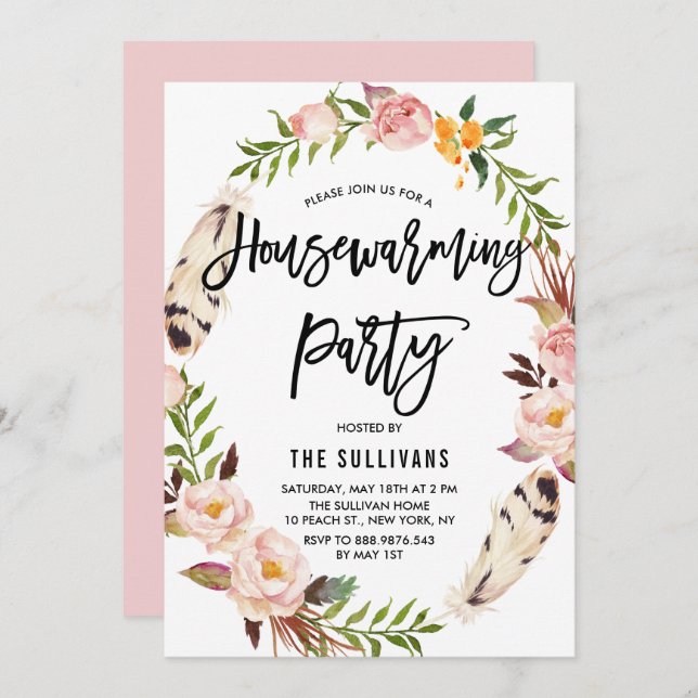 Bohemian Feathers Floral Wreath Housewarming Party Invitation (Front/Back)