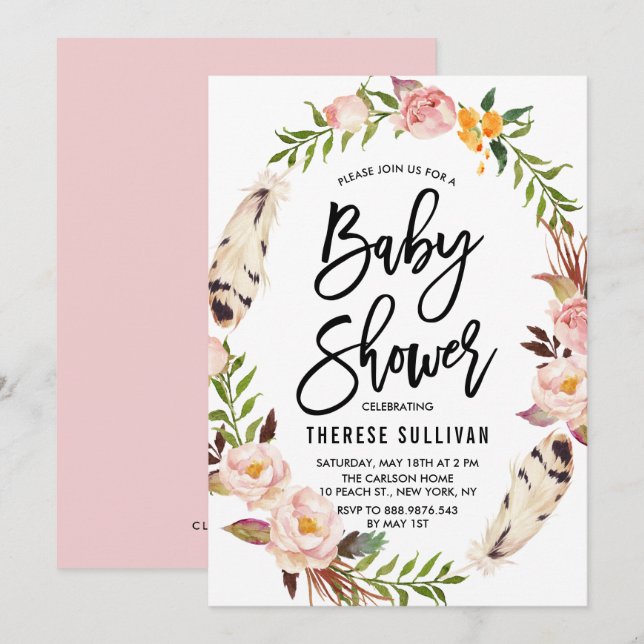 Bohemian Feathers & Floral Wreath Pink Baby Shower Invitation (Front/Back)