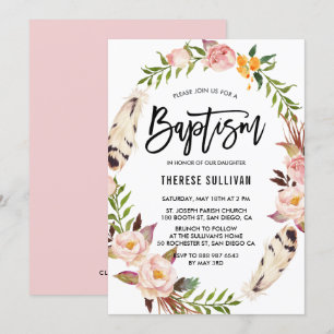 Bohemian Feathers & Floral Wreath Pink Baptism Invitation