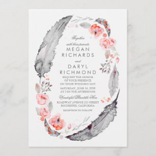 Bohemian Feathers Pink and Grey Wedding Invitation