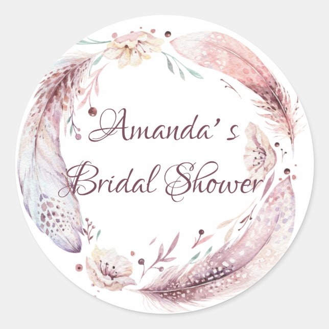 Bohemian Feathers Wreath Bridal Shower Classic Round Sticker (Front)