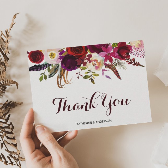 Bohemian Floral Burgundy Fall Wedding Thank You Card (Creator Uploaded)