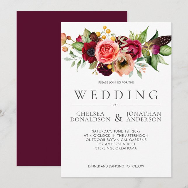 Bohemian Floral Burgundy Feather Wedding | Announcement (Front/Back)