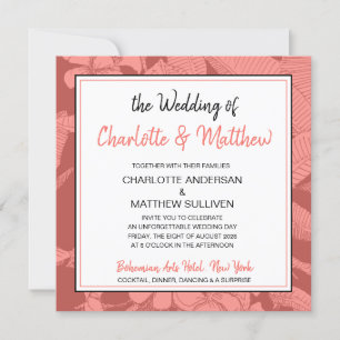 Bohemian Floral Coral Watermark Modern Wedding Invitation