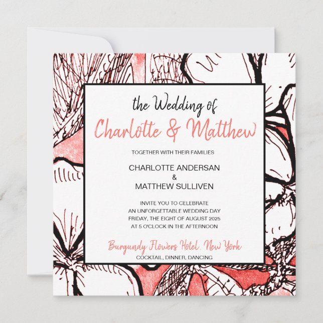 Bohemian Floral Coral White Drawing Wedding Invitation (Front)