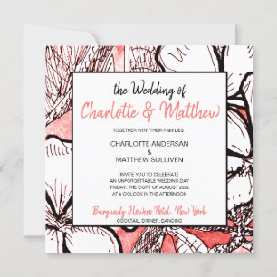 Bohemian Floral Coral White Drawing Wedding Invitation