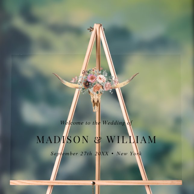 Bohemian Floral Cow Skull Wedding Welcome Sign (Neutral)