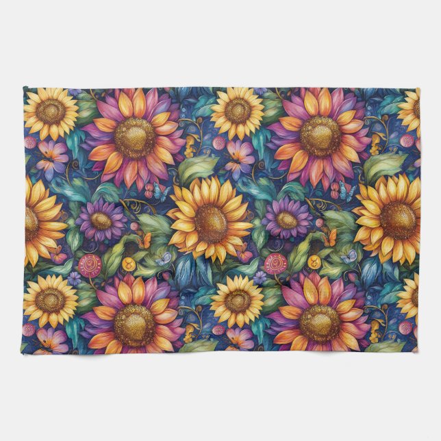 Bohemian Floral Dreamscape Vibrant Pattern Kitchen Towel (Horizontal)