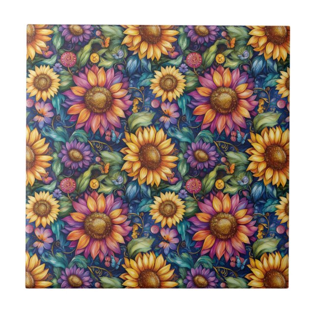 Bohemian Floral Dreamscape Vibrant Pattern Tile (Front)
