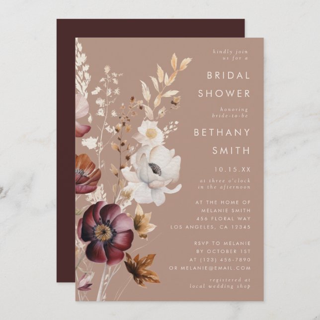 Bohemian Floral Fall Taupe Bridal Shower Invitation (Front/Back)