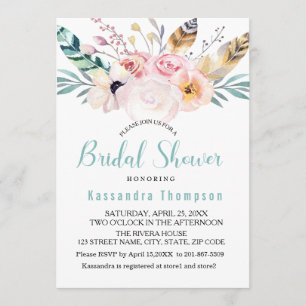 Bohemian Floral &Feathers Bridal Shower Invitation