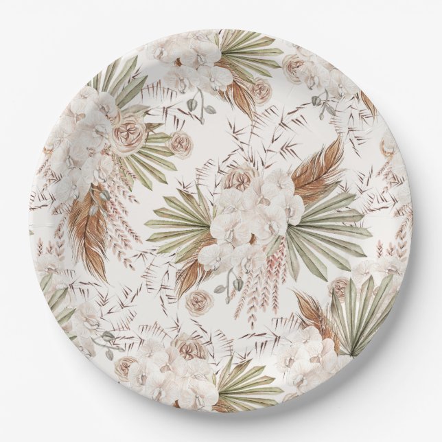 Bohemian Floral & Feathers Paper Plate (Front)