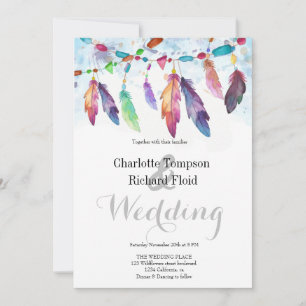Bohemian Floral Feathers Wedding  Invitation