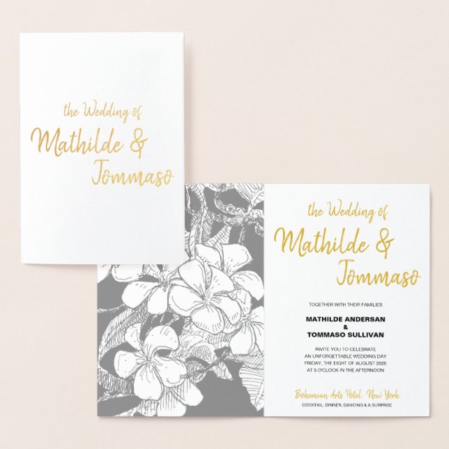 Bohemian Floral Gold Script Black Drawing Wedding Foil Card (Display)