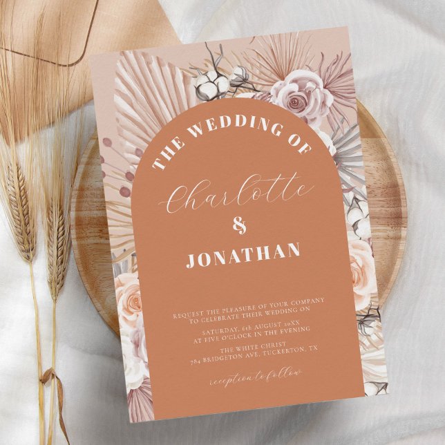 Bohemian Floral Modern Terracotta Wedding Invitation (Creator Uploaded)