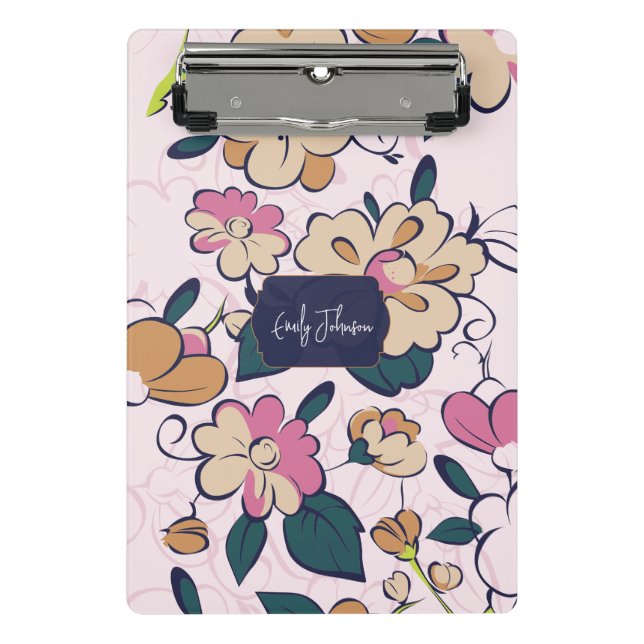 Bohemian Floral Navy Name Monogram Mini Clipboard (Front)