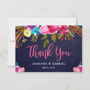Bohemian Floral Pink Navy Script Wedding Thank You Card