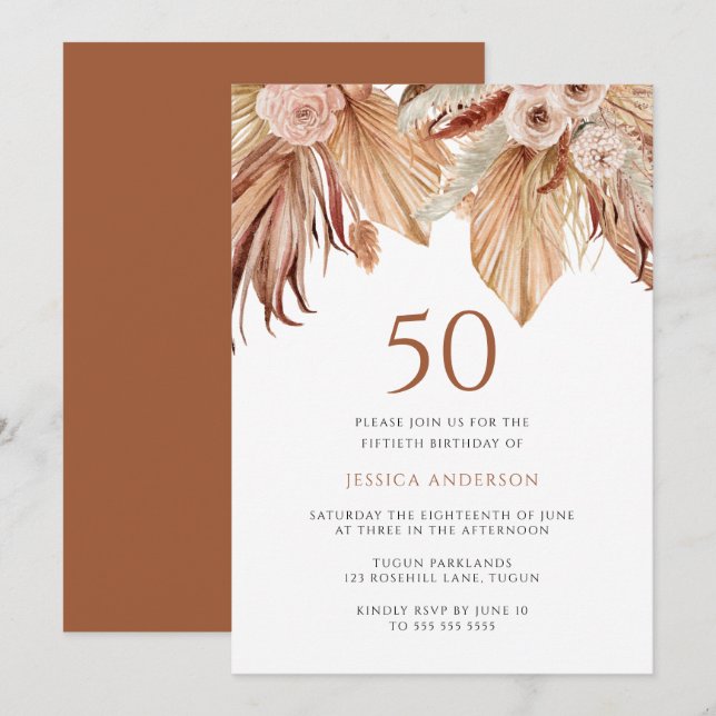 Bohemian Floral Terracotta Boho 50th Birthday Invitation (Front/Back)