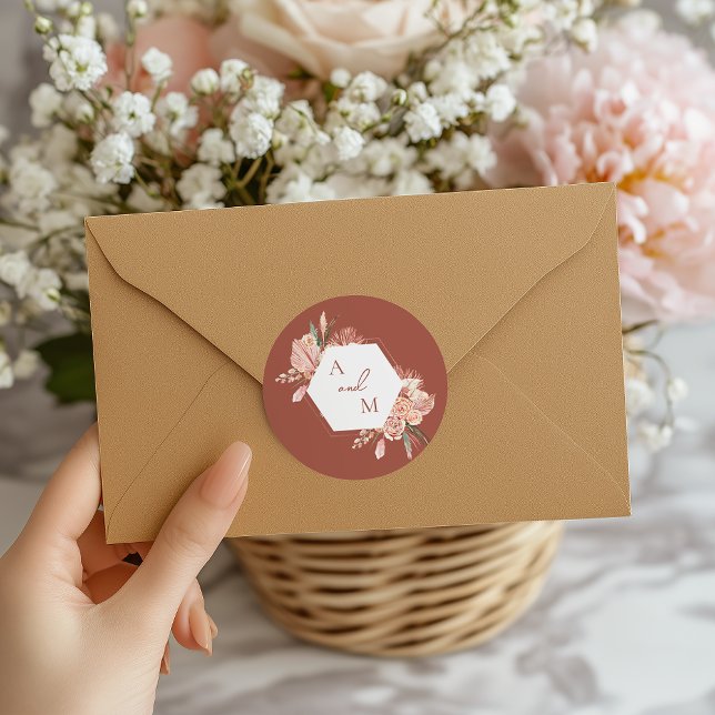 Bohemian Floral Terracotta & Ivory Wedding Invitat Classic Round Sticker (Creator Uploaded)