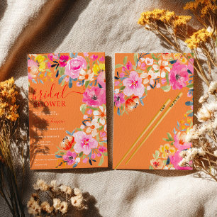 Bohemian floral watercolor orange bridal shower invitation