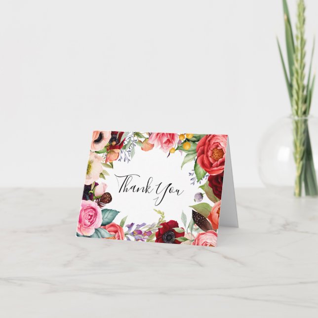Bohemian Floral Wedding Photo Thank You Card (Front)