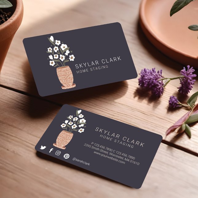 Bohemian Flower Potted Plant Home Staging Charcoal Business Card (Bohemian Flower Potted Plant Home Staging Charcoal Business Card)