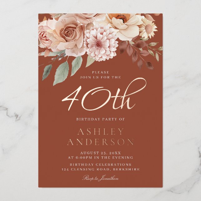 Bohemian Flowers Rose Gold Foil 40th Birthday  (Front)