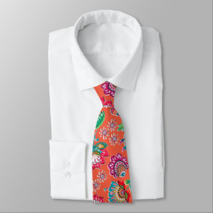 Bohemian folk art floral pattern orange wedding tie