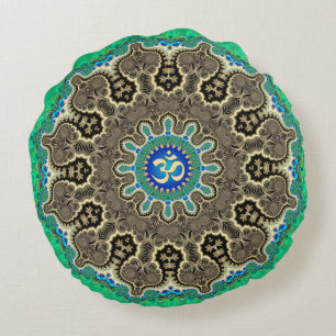 Bohemian Fractals Spiritual Aum Yoga Round Cushion